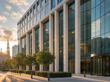 Fotorealistische Bürofassade in Brüssel symbolisiert Groupe Bruxelles Lambert SA, Holding ISIN BE0003797140, elegante Architektur - Foto: THN
