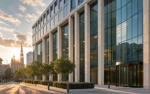 Fotorealistische Bürofassade in Brüssel symbolisiert Groupe Bruxelles Lambert SA, Holding ISIN BE0003797140, elegante Architektur - Foto: THN