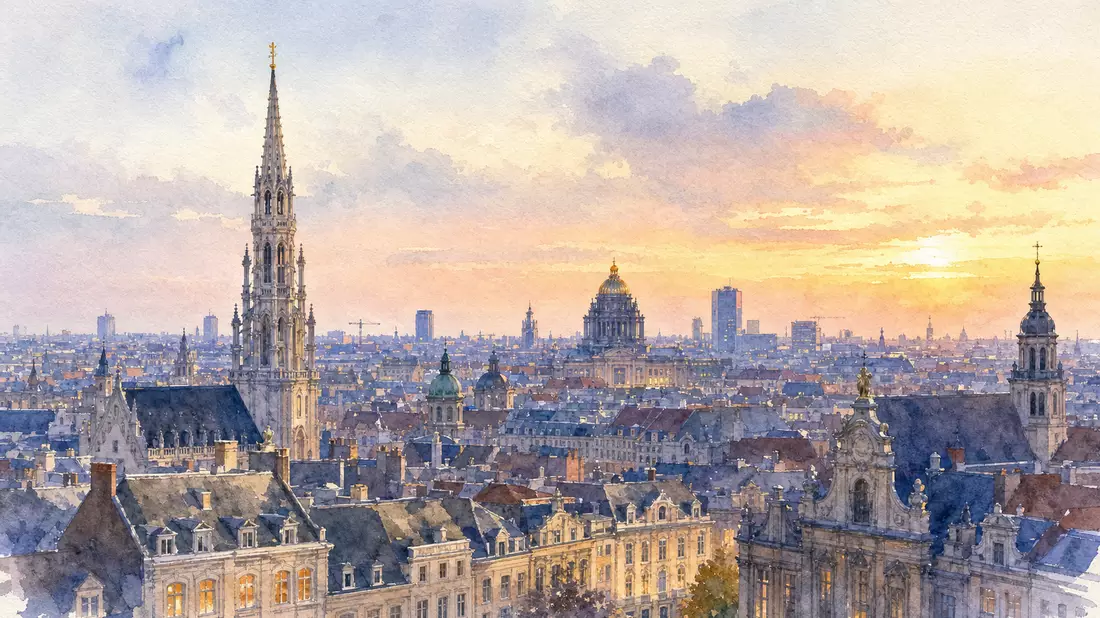 Aquarellmalerei der Brüsseler Stadtsilhouette mit Kirchtürmen bei Sonnenuntergang