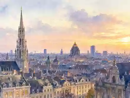 Aquarellgemälde der Brüsseler Skyline steht für Groupe Bruxelles Lambert SA, ISIN BE0003797140, sanfte Farben - Foto: THN