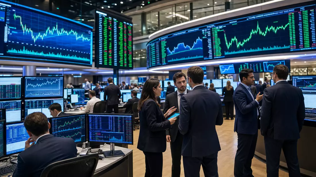 Trading-Floor mit Analysten vor großen Bildschirmen mit Aktiencharts und BEL 20 Anzeige