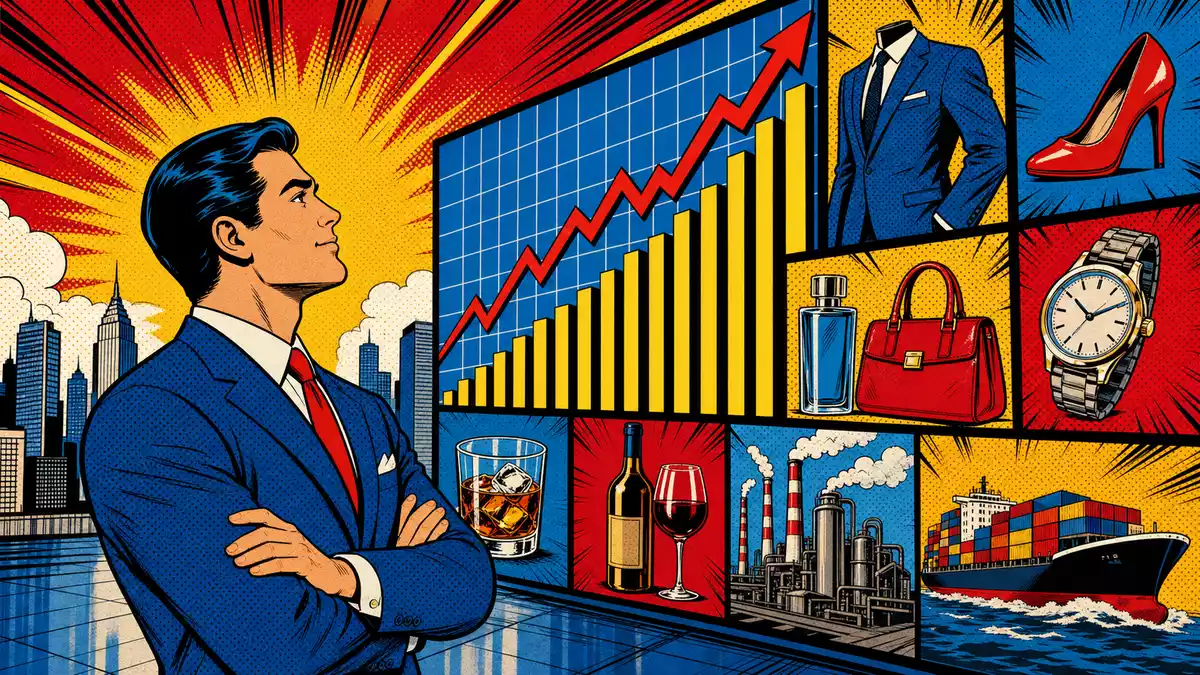 Pop-Art-Comicszene mit Geschäftsmann vor steigenden Charts und diversen Produktsymbolen
