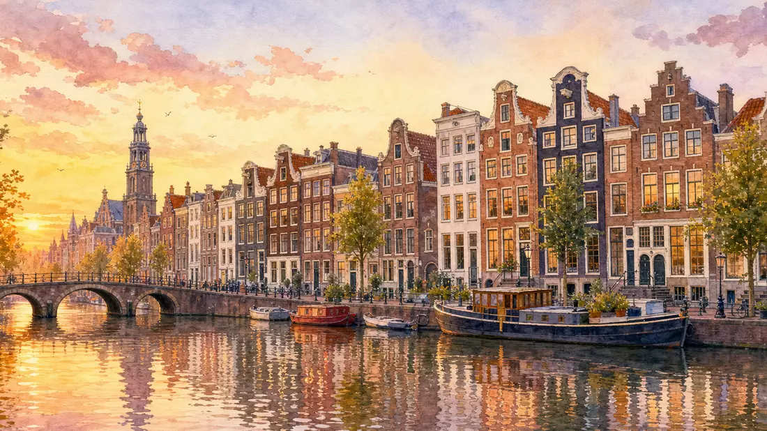Aquarellmalerei, Amsterdamer Grachten und Häuser, weiche Farben, ABN AMRO Bank N.V