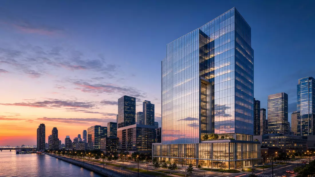 Architektur-Render, modernes gläsernes Bankhochhaus, urbane Skyline, ABN AMRO Bank N.V