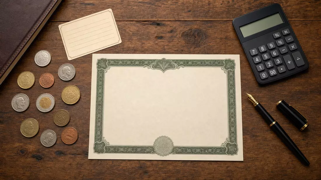 Flatlay-Arrangement, Aktienzertifikat und ISIN-Karte, Finanzutensilien, ABN AMRO Bank N.V