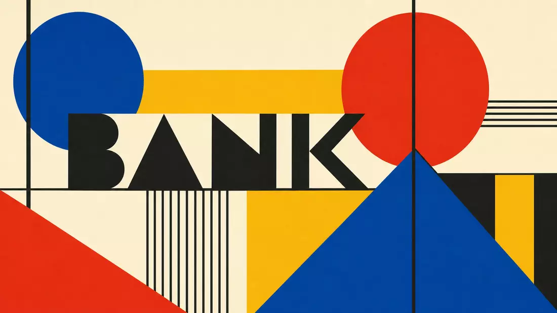 Bauhaus-Poster, geometrische Formen, Sektor-Schriftzug BANK, ABN AMRO Bank N.V