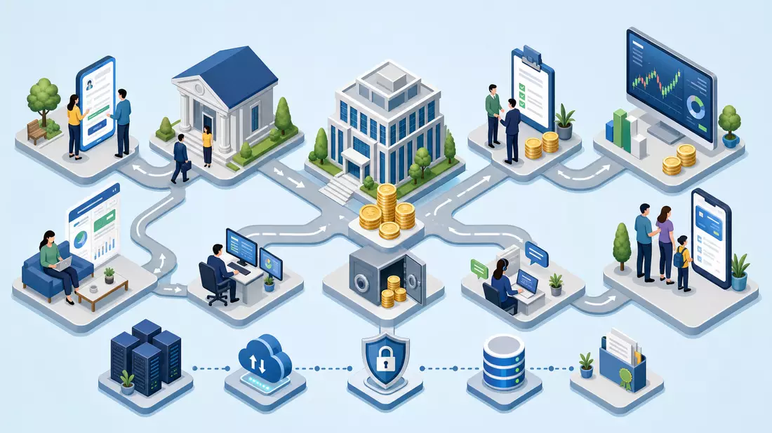 Isometrische 3D-Grafik, Bankprozesskette, Gebäude und Symbole, ABN AMRO Bank N.V