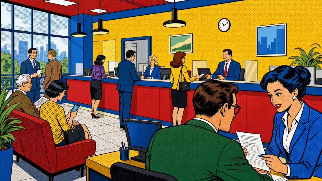 Pop-Art-Comic-Szene, farbenfrohe Bankfiliale, Halbtonraster, ABN AMRO Bank N.V
