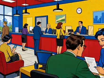 ABN AMRO Bank N.V. mit ISIN NL0011540547 als farbenfrohe Pop-Art-Comic-Szene einer belebten Bankfiliale - Foto: THN