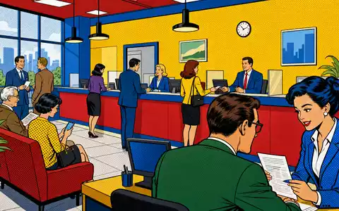 ABN AMRO Bank N.V. mit ISIN NL0011540547 als farbenfrohe Pop-Art-Comic-Szene einer belebten Bankfiliale - Foto: THN