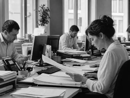 Helvetia Holding AG CH0466642201 dokumentiert schwarzweiss Mitarbeitende beim Bearbeiten von Versicherungsverträgen im Büro - Foto: THN