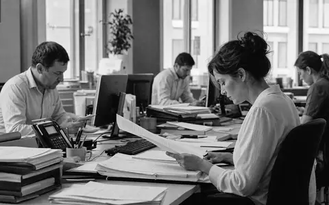 Helvetia Holding AG CH0466642201 dokumentiert schwarzweiss Mitarbeitende beim Bearbeiten von Versicherungsverträgen im Büro - Foto: THN