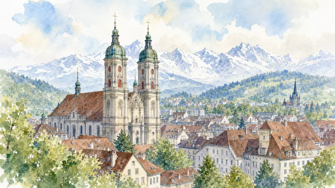 Aquarellmalerei der St. Galler Altstadt mit Kathedrale und Alpen im Hintergrund