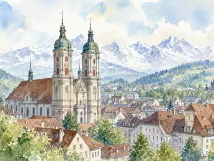 Helvetia Holding AG CH0466642201 präsentiert Aquarellansicht der Altstadt St. Gallen mit Kathedrale und Alpenkulisse - Foto: THN