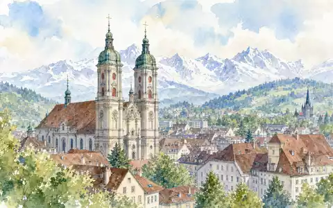 Helvetia Holding AG CH0466642201 präsentiert Aquarellansicht der Altstadt St. Gallen mit Kathedrale und Alpenkulisse - Foto: THN
