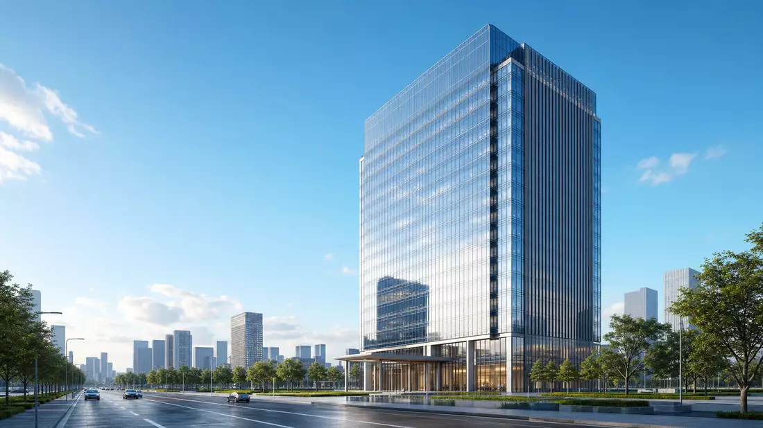 3D-Architekturvisualisierung eines modernen Glas-Hochhauses für Finanzdienstleister