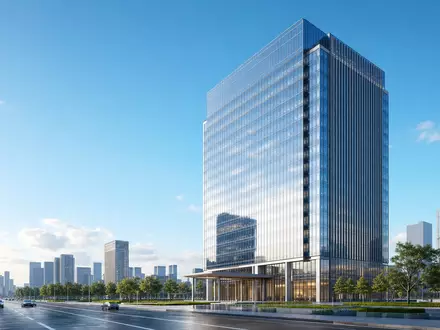 Helvetia Holding AG CH0466642201 illustriert Architektur-Render eines modernen gläsernen Hochhauses für internationale Finanzdienstleistungen - Foto: THN
