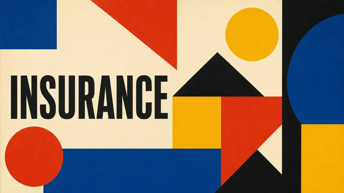 Geometrisches Bauhaus-Poster mit bunten Formen und dem Wort INSURANCE