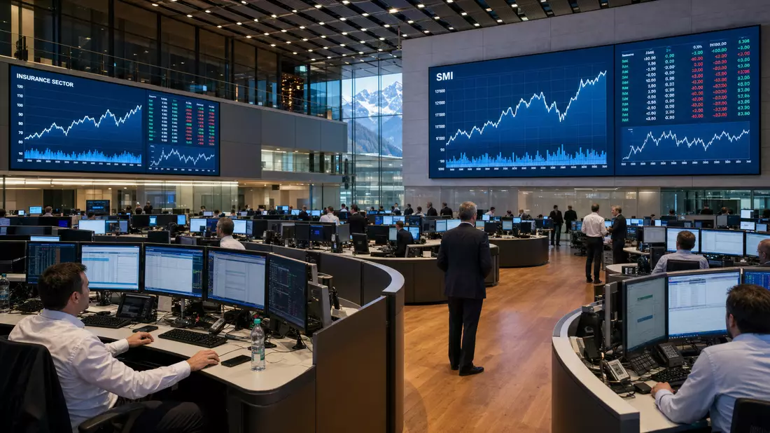 Trading-Floor der Schweizer Börse mit Bildschirmen und SMI-Aktienindex-Charts