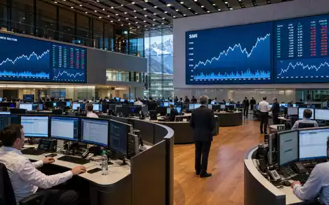 Helvetia Holding AG CH0466642201 wird editorial am Trading-Floor der Schweizer Börse mit SMI-Charts gezeigt - Foto: THN