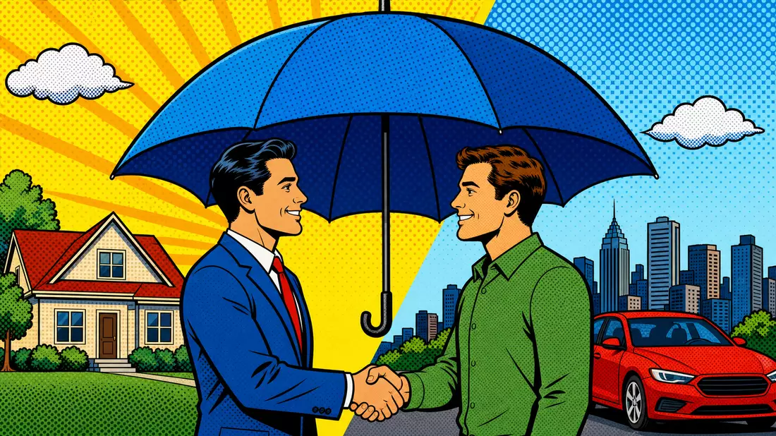 Bunte Pop-Art-Comicszene mit Handschlag zwischen Agent und Kunde unter Regenschirm