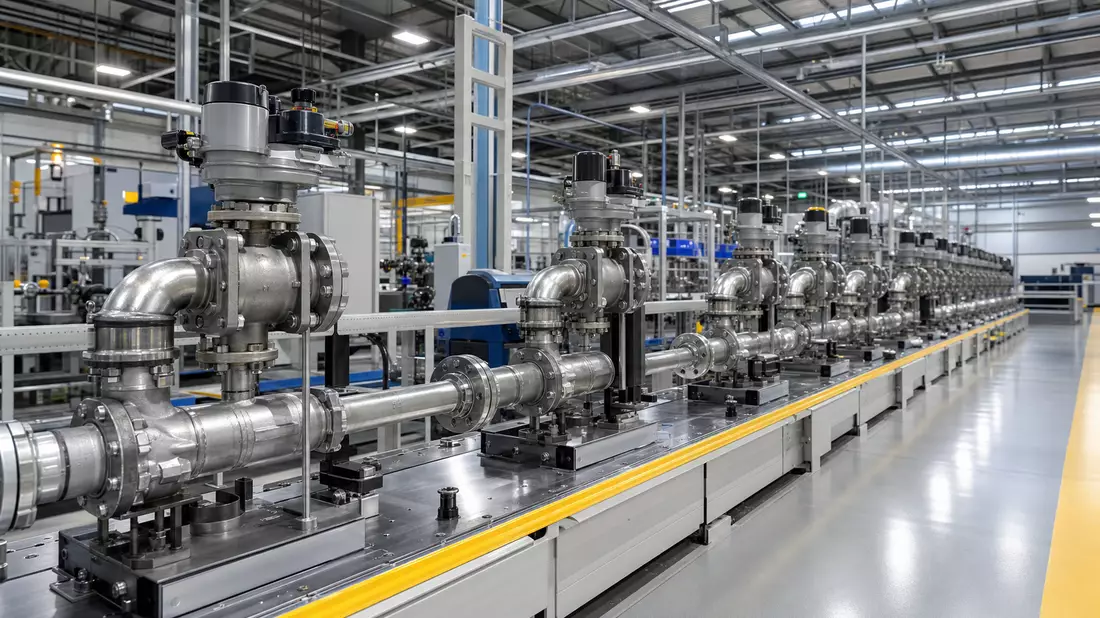 Fotorealistische Industriehalle mit Metallrohrleitungen und Ventilen auf Produktionslinie