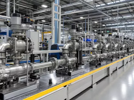 Aalberts N.V. (NL0000852564) zeigt fotorealistische Produktionslinie mit präzisen Metallrohren und Ventilen in moderner Fabrikhalle - Foto: THN