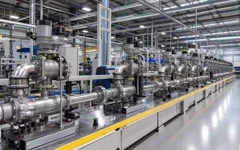 Aalberts N.V. (NL0000852564) zeigt fotorealistische Produktionslinie mit präzisen Metallrohren und Ventilen in moderner Fabrikhalle - Foto: THN