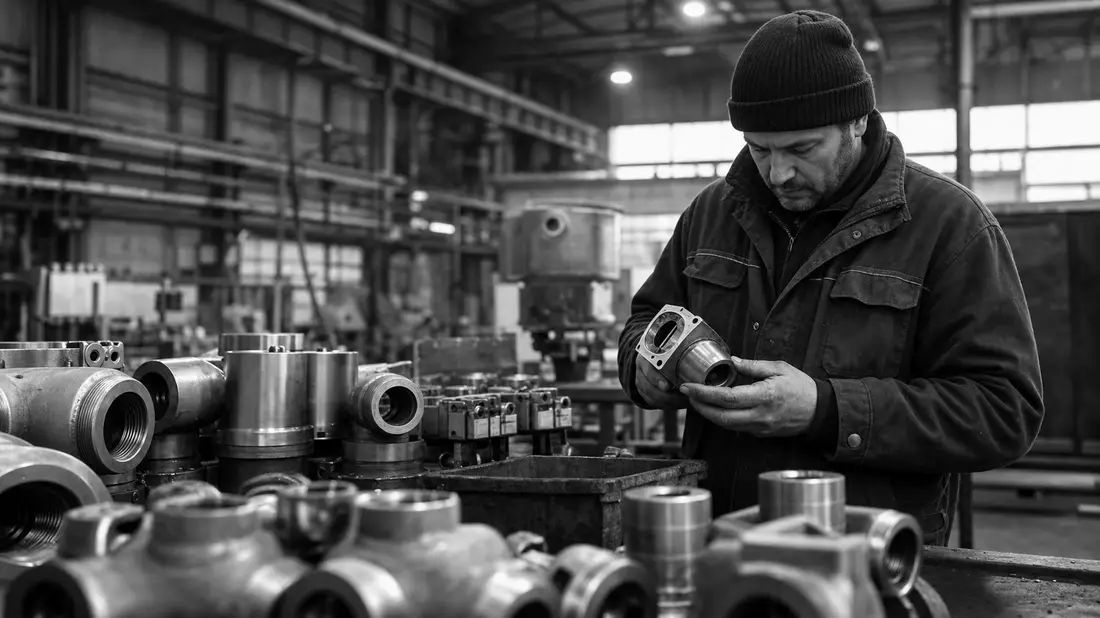 Schwarzweiß-Reportagefoto eines Arbeiters mit Metallbauteilen in Fabrikhalle