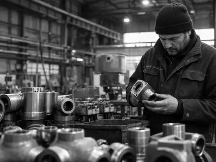 Aalberts N.V. (NL0000852564) illustriert dokumentarische Schwarzweiß-Reportage eines Facharbeiters bei der Prüfung von Metallbauteilen - Foto: THN