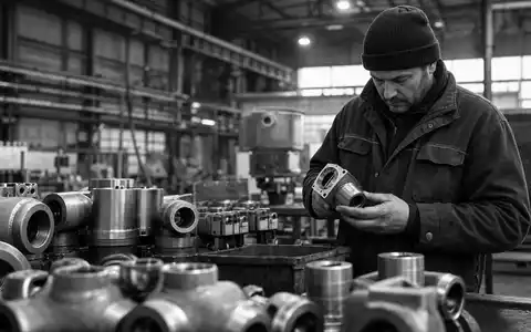Aalberts N.V. (NL0000852564) illustriert dokumentarische Schwarzweiß-Reportage eines Facharbeiters bei der Prüfung von Metallbauteilen - Foto: THN