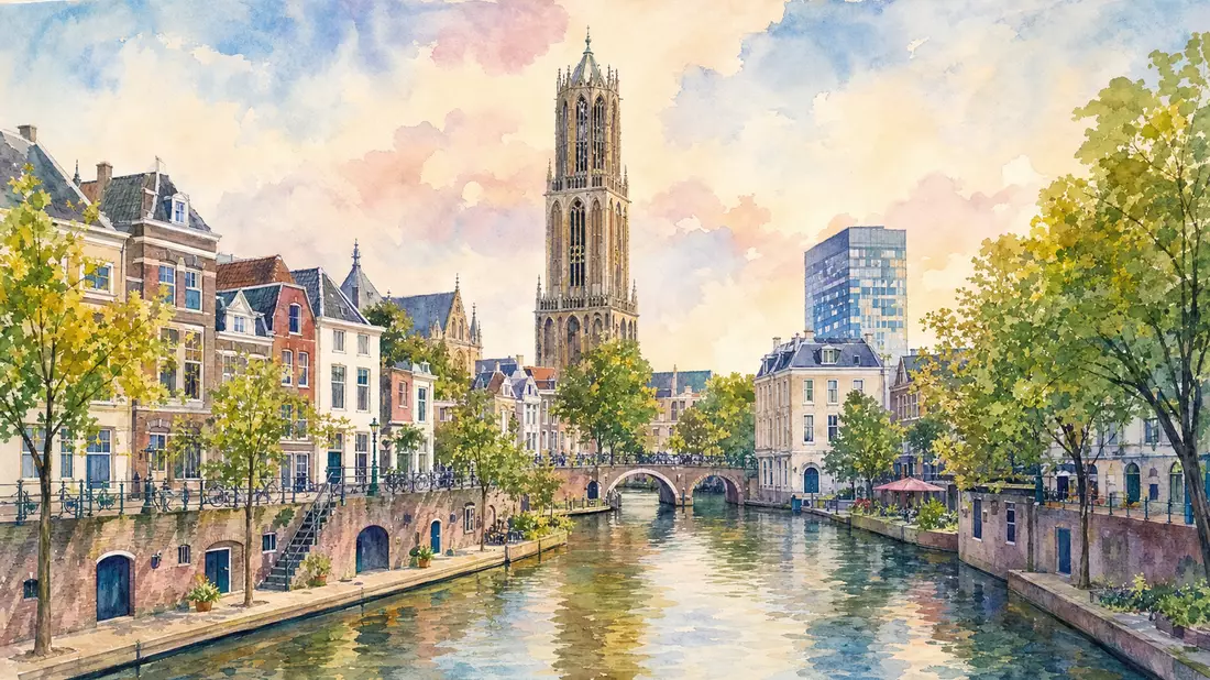 Aquarellgemälde der Stadt Utrecht mit Domturm, Kanal und historischen Gebäuden