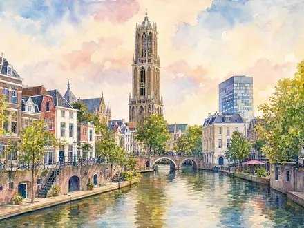 Aalberts N.V. (NL0000852564) präsentiert Aquarellmalerei der niederländischen Stadt Utrecht mit historischem Turm und Kanal - Foto: THN