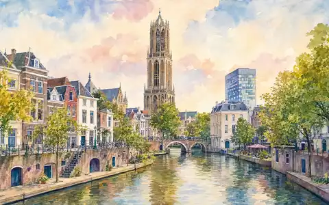 Aalberts N.V. (NL0000852564) präsentiert Aquarellmalerei der niederländischen Stadt Utrecht mit historischem Turm und Kanal - Foto: THN