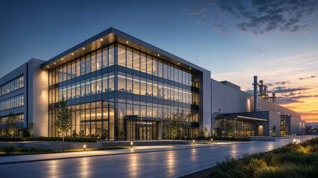 Architektur-Render eines modernen Glasbürogebäudes mit angrenzender Industrieanlage