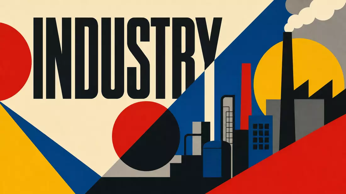 Bauhaus-Poster mit geometrischen Formen, Fabriksilhouette und Schriftzug INDUSTRY