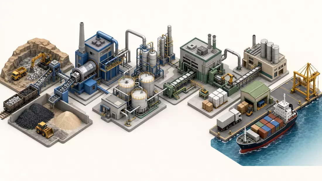 Isometrische 3D-Illustration einer industriellen Wertschöpfungskette mit Fabrikmodulen und Hafen