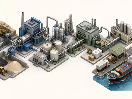 Aalberts N.V. (NL0000852564) visualisiert isometrische 3D-Wertschöpfungskette von Rohstoffabbau bis Fertigproduktversand über Häfen - Foto: THN