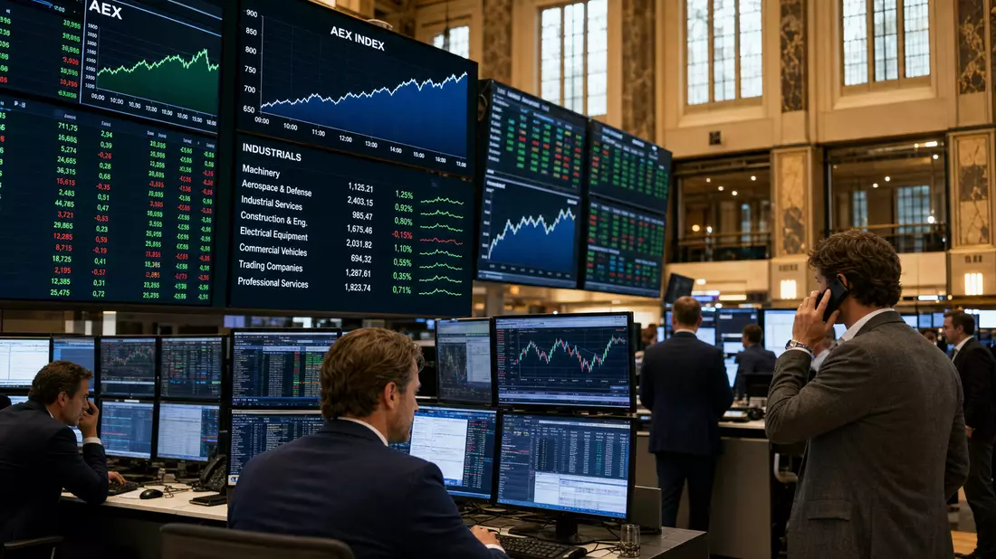 Trading-Floor mit Bildschirmen zeigt AEX-Index und Industriesektor-Kursdaten in Amsterdam