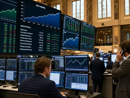 Aalberts N.V. (NL0000852564) begleitet Börsen-Editorial vom Trading-Floor in Amsterdam mit AEX-Index und Industriesektor-Charts - Foto: THN