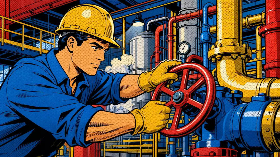 Pop-Art-Comic zeigt Industriearbeiter mit Helm, der ein rotes Ventilrad in Fabrik dreht