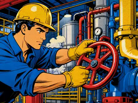 Aalberts N.V. (NL0000852564) inspiriert farbenfrohe Pop-Art-Comic-Szene eines Industriearbeiters am roten Ventilrad in Fabrik - Foto: THN