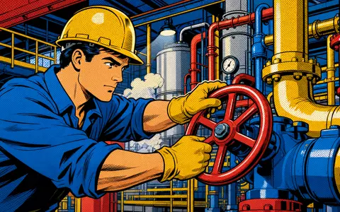 Aalberts N.V. (NL0000852564) inspiriert farbenfrohe Pop-Art-Comic-Szene eines Industriearbeiters am roten Ventilrad in Fabrik - Foto: THN