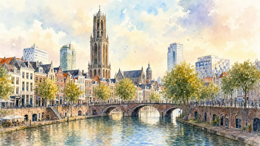 Aquarellmalerei der Stadt Utrecht mit Kanälen und historischen Gebäuden