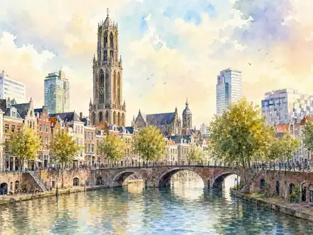 ASR Nederland N.V. (ISIN NL0011872643) wird als Aquarell mit der Utrechter Stadtsilhouette und Kanälen dargestellt - Foto: THN