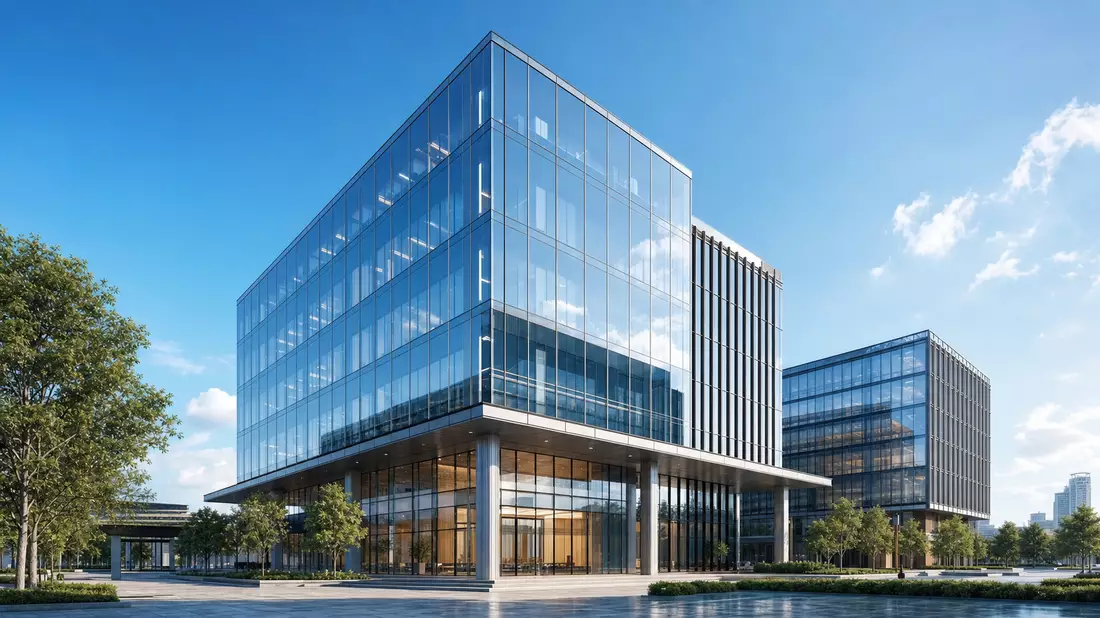 Architektonischer 3D-Render eines modernen gläsernen Bürohochhauses