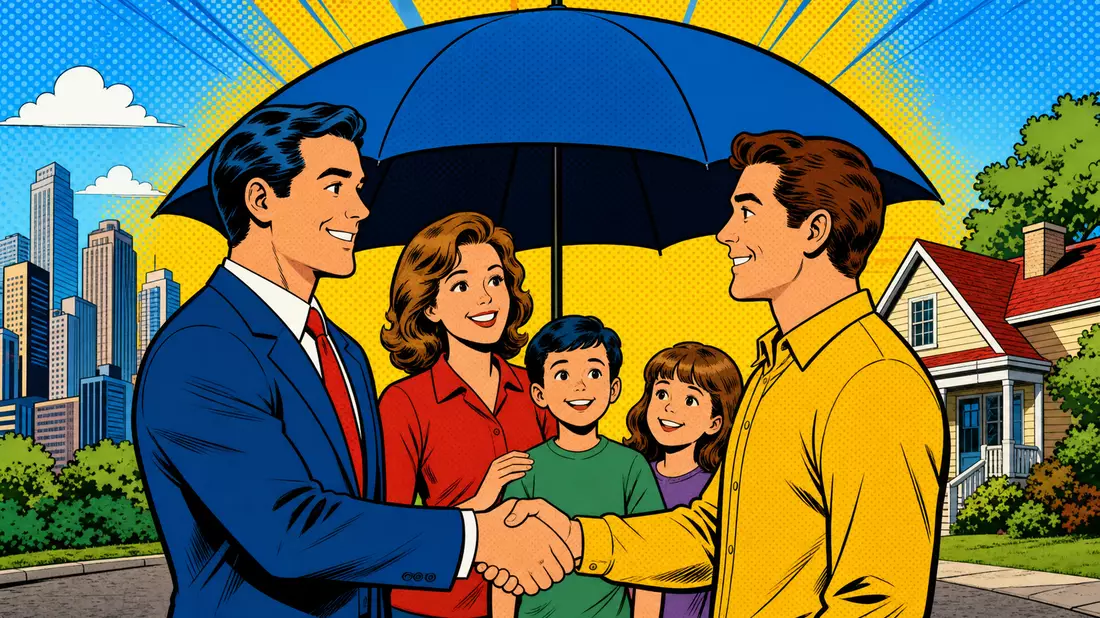 Pop-Art-Comic mit Versicherungsberater, Kunde und symbolischem Regenschirm
