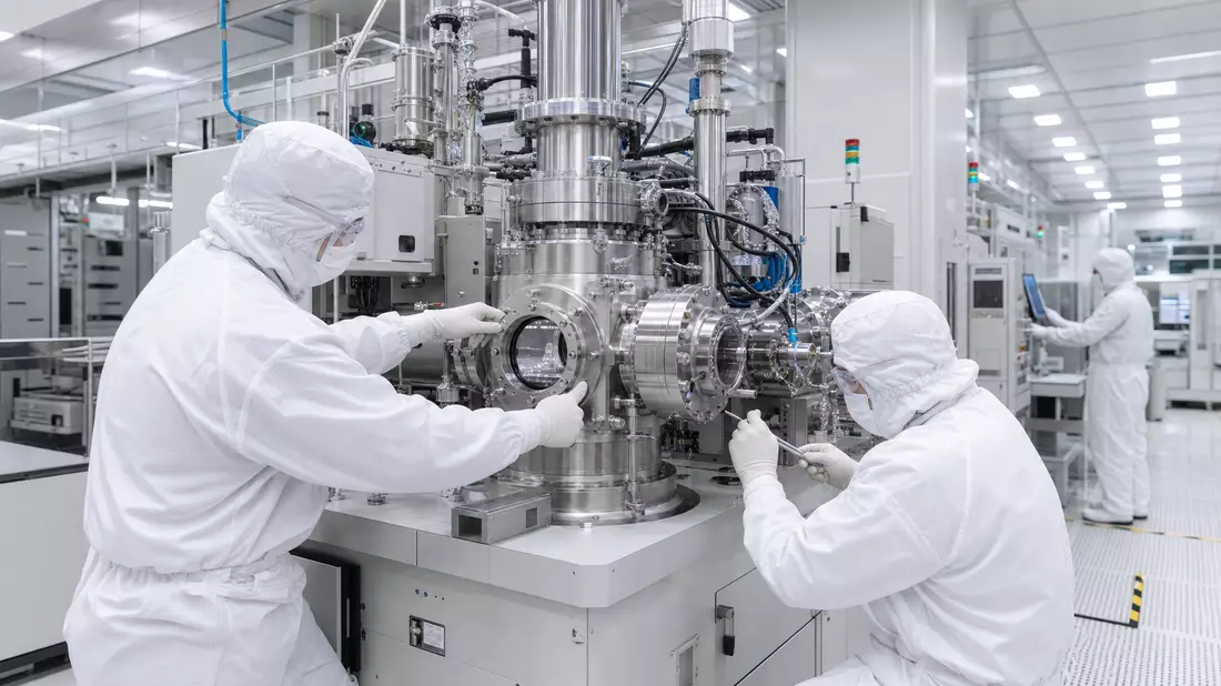 Reinraumtechniker montieren Vakuumventil an Halbleiteranlage, VAT Group AG