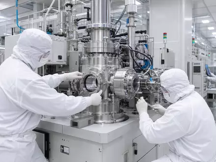 VAT Group AG CH0311864901 zeigt Reinraum-Techniker bei Montage eines präzisen Vakuumventils in Halbleiterfertigungsanlage - Foto: THN