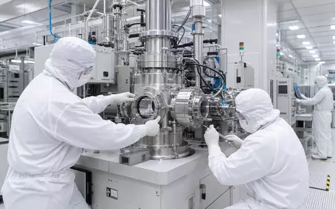 VAT Group AG CH0311864901 zeigt Reinraum-Techniker bei Montage eines prÀzisen Vakuumventils in Halbleiterfertigungsanlage - Foto: THN